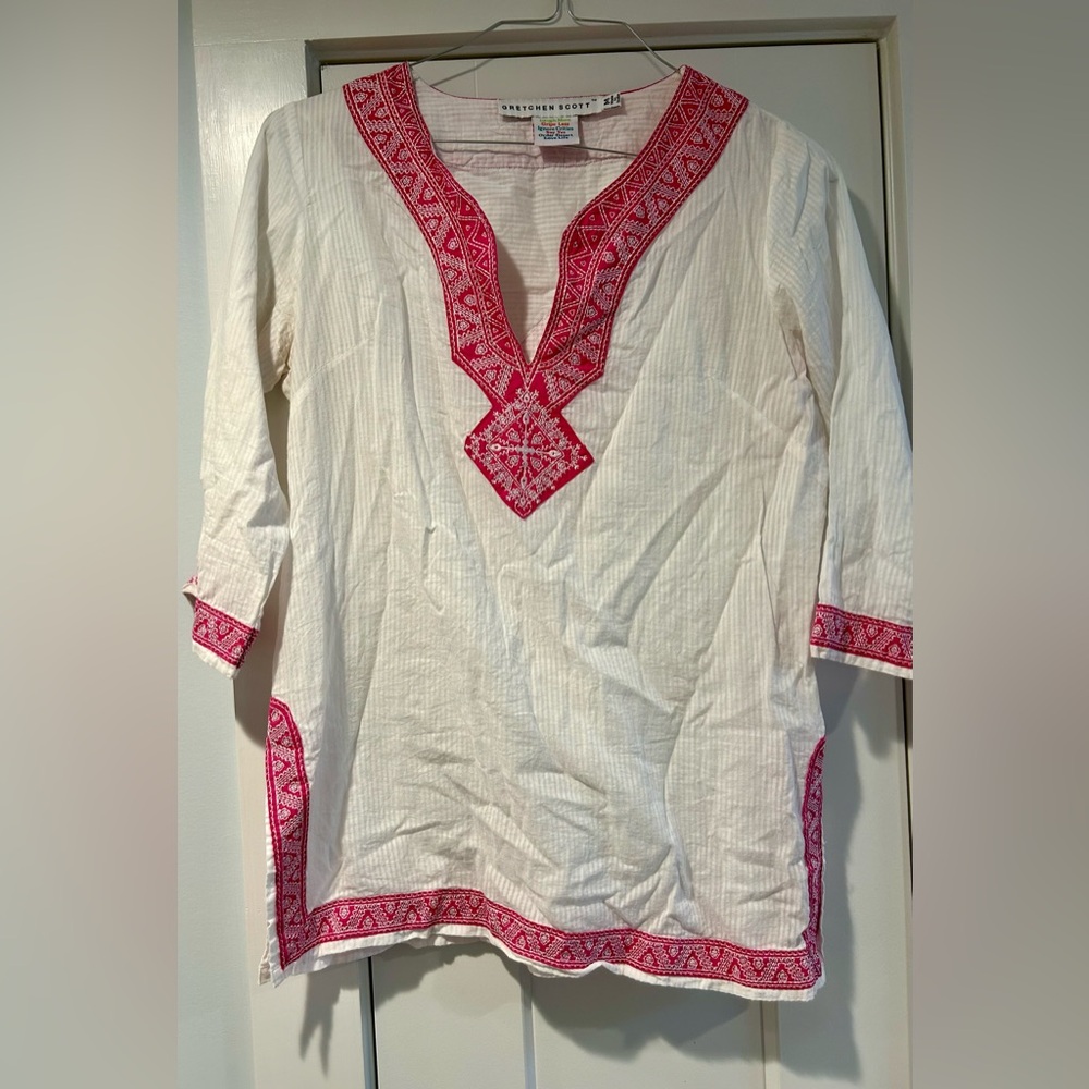 Gretchen Scott embroidered tunic top, white/pink, Sz M
